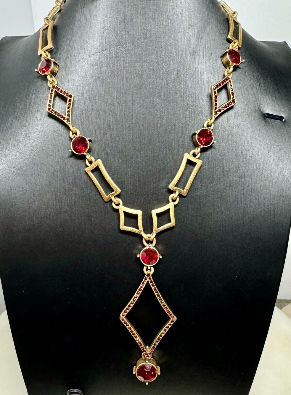 Chico’s Gold Tone Neckline Art Deco Geometric Red Glass Rhinestones